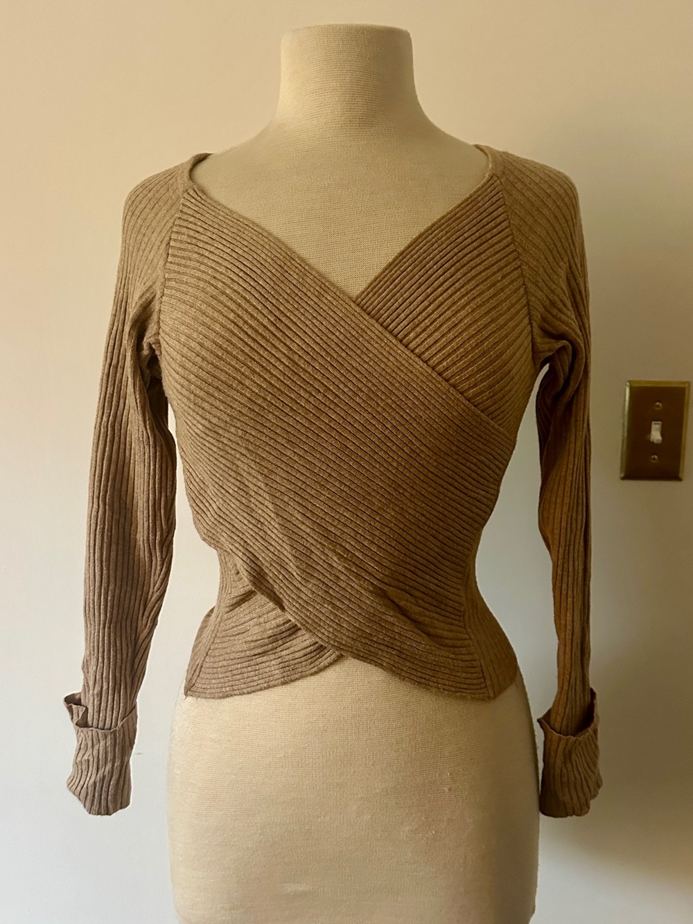 Maeve Taupe Ribbed Wrap V-Neck Sweater